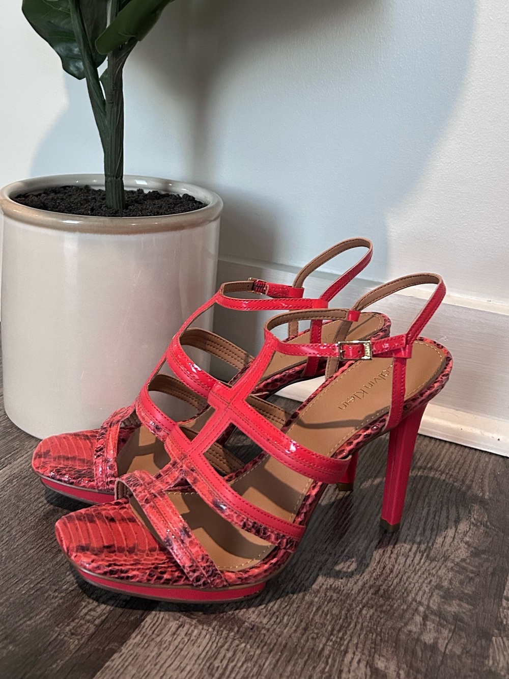 Calvin Klein Red Snakeskin Strappy High Heel Sandals
